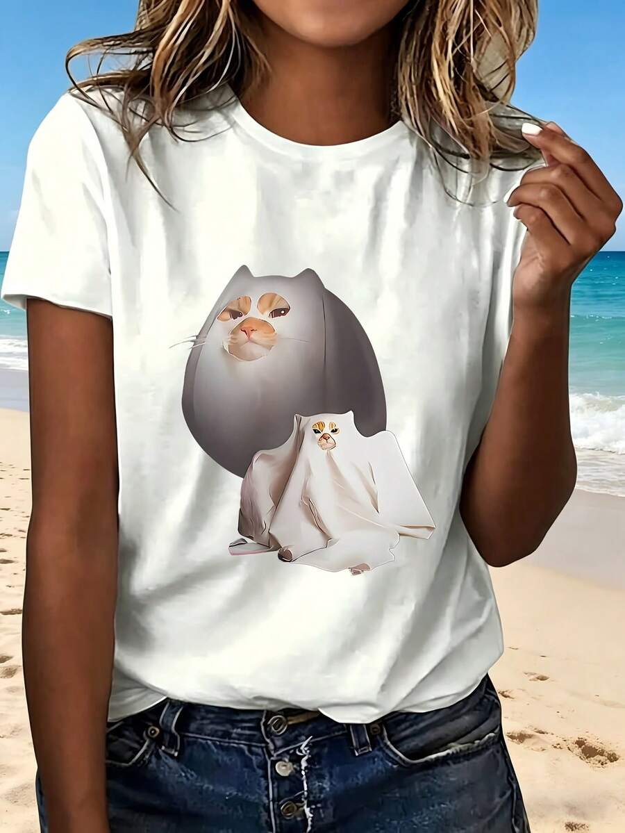 Cute Cat And Ghost Print T Shirt With Fashion Design Trendy Casual Wear For Beach Outing Perfect Gift For Cat Lovers - Blanco - Ver 1