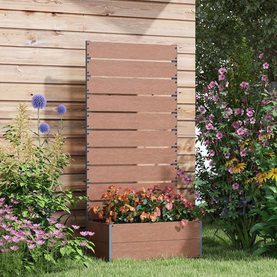 34 X 69.5cm Garden Planter Box, With Back Trellis, Brown - A - View 1