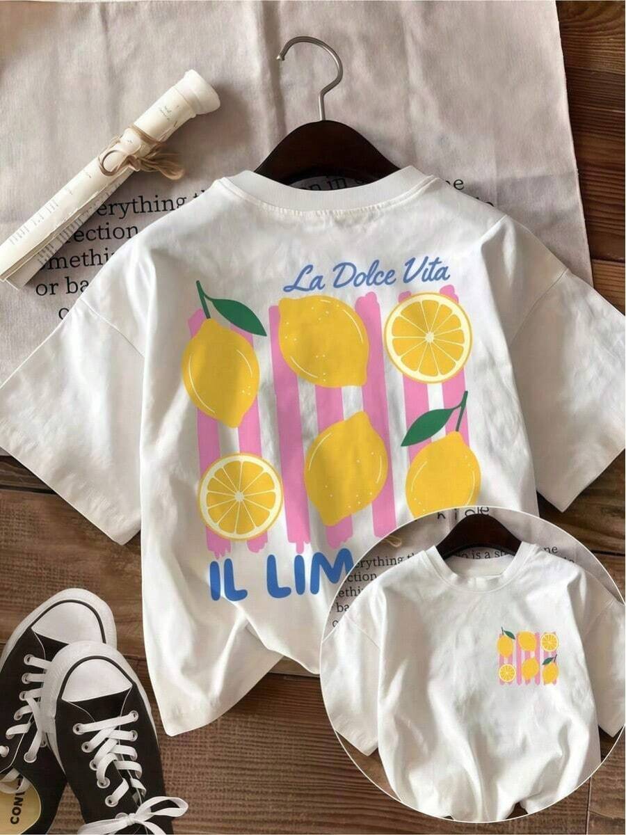 Playera BáSica Dama Con Estampado Grande Espalda Y PequeñO Frente, Camiseta Cuello Redondo DiseñO De Frutas, Top Diario CóModo Para Look Original - Blanco - Ver 1