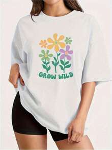 Plus Size Printed T-Shirt For Women, Ideal For Leisure Time - GROW WILD Floral Design, Breathable Cotton, Round Neck And Short Sleeves, Casual And Simple Style For Spring And Summer, Regular Fit, Comfortable For Everyday Wear, Loose Fit Top. Printed, Simple, Versatile, Loose Fit, Fitted Top With Round Neck. - 白色 - 查看 7