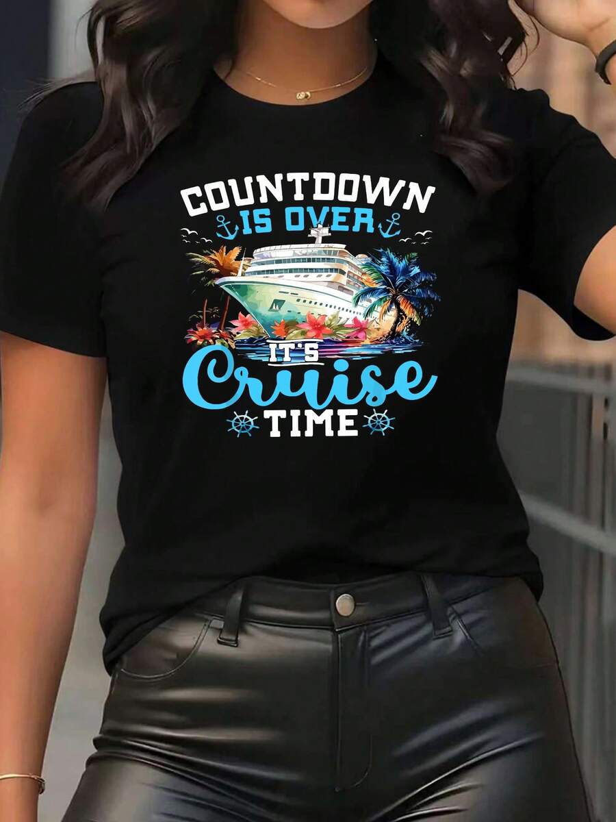 Women's Short Sleeve T-Shirt With Round Neck And Tropical Print - Casual Sporty Style, Soft And Breathable, 95% Polyester 5% Spandex 180g, Vibrant And Dynamic, Modern And Attractive, Shows A Fashionable Personality. - 黑色 - 查看 1