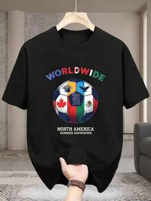 Camiseta para entusiastas del fútbol con diseños de EE. UU. , Canadá y México para la Copa Mundial de 2026, perfecta como regalo para aficionados al fútbol, para hombres y mujeres, camiseta de algodón, tela cómoda, cuello redondo, mangas cortas, transpirable y ligera, muy adecuada para primavera, verano, otoño e invierno, ropa casual, lavable a máquina, camiseta de manga corta estampada. - Negro - Ver 1