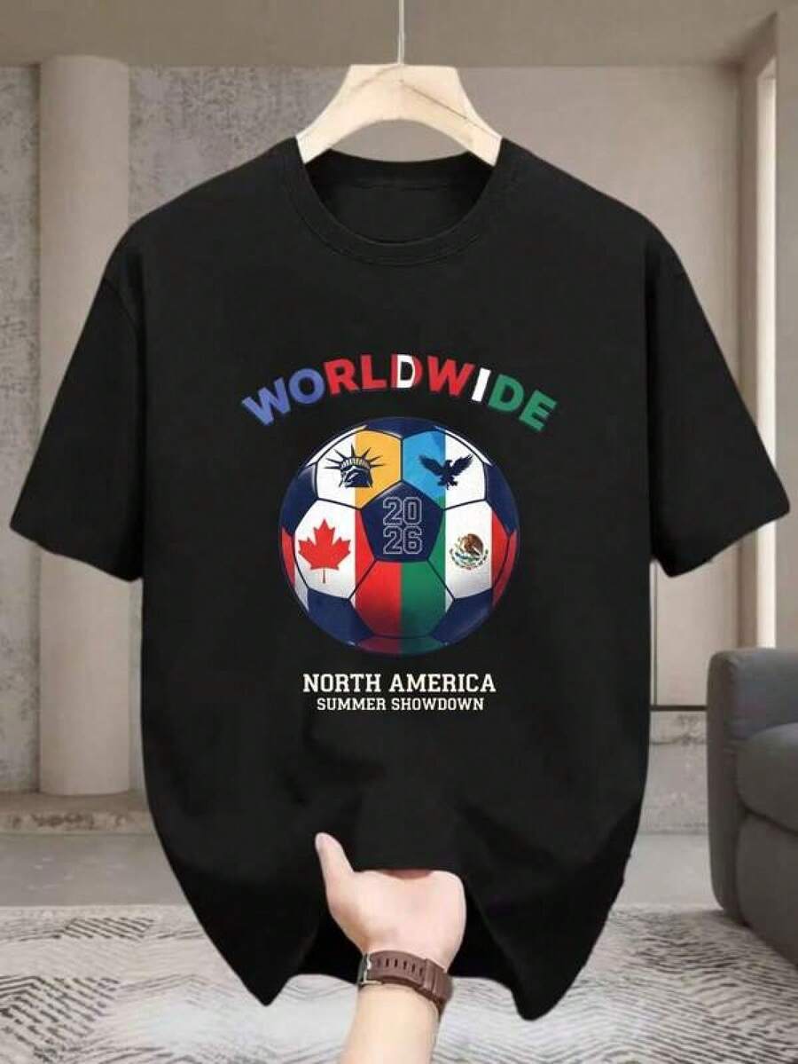 Camiseta para entusiastas del fútbol con diseños de EE. UU. , Canadá y México para la Copa Mundial de 2026, perfecta como regalo para aficionados al fútbol, para hombres y mujeres, camiseta de algodón, tela cómoda, cuello redondo, mangas cortas, transpirable y ligera, muy adecuada para primavera, verano, otoño e invierno, ropa casual, lavable a máquina, camiseta de manga corta estampada. - Negro - Ver 1