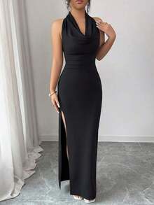 Vestido largo de mujer 3 en 1, con abertura alta en el bajo, cuello drapeado, hombro asimétrico, adecuado para festivales, vacaciones en la playa, fiestas de té, estilo minimalista, vestidos elegantes, vestido negro, bailes de graduación, atuendo - Negro - Ver 3