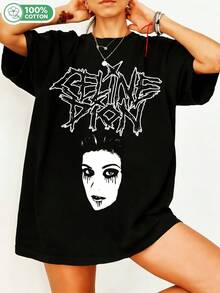 Celineee Dionnn Fanart T-Shirt, Black Metal-Style Grunge Text With Gothic Female Portrait, Dark-Pop Music Style, Unisex Oversized 100% Cotton Crew Neck Casual Streetwear Music Fan T-Shirt. - Black - View 6