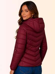 Women's Slim Fit Puffer Jacket With Removable Hood, Waterproof Winter Coat - Gỗ đỏ - Xem 8