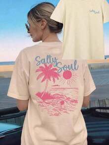 SALTY SOUL Women's Summer T-Shirt 2026, New Spring/Summer Collection, Coconut And Sun Print, Round Neck, Short Sleeve, Casual, Versatile, Essential Garment For Everyday Wear And Vacations. Women's Vacation Print T-Shirt, Loose And Comfortable, Summer Tops - 杏子 3 - 查看 1