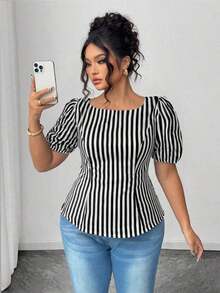 Blusa casual de manga corta con lazo y espalda abierta, unicolor, para mujer talla grande, verano - Blanco y Negro - Ver 3