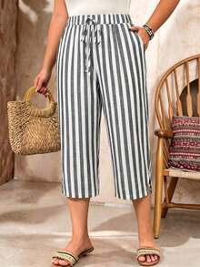 Pantalones capri informales de talla grande de un solo color - Blanco y Negro - Ver 5