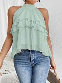 Blusa de gasa con volantes asimétricos y cuello suelto - Verde - Ver 7