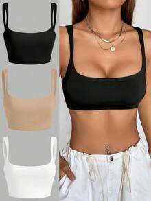 3 piezas Camiseta de tirantes de unicolor y corta para mujeres - Multicolor 8 - Ver 1