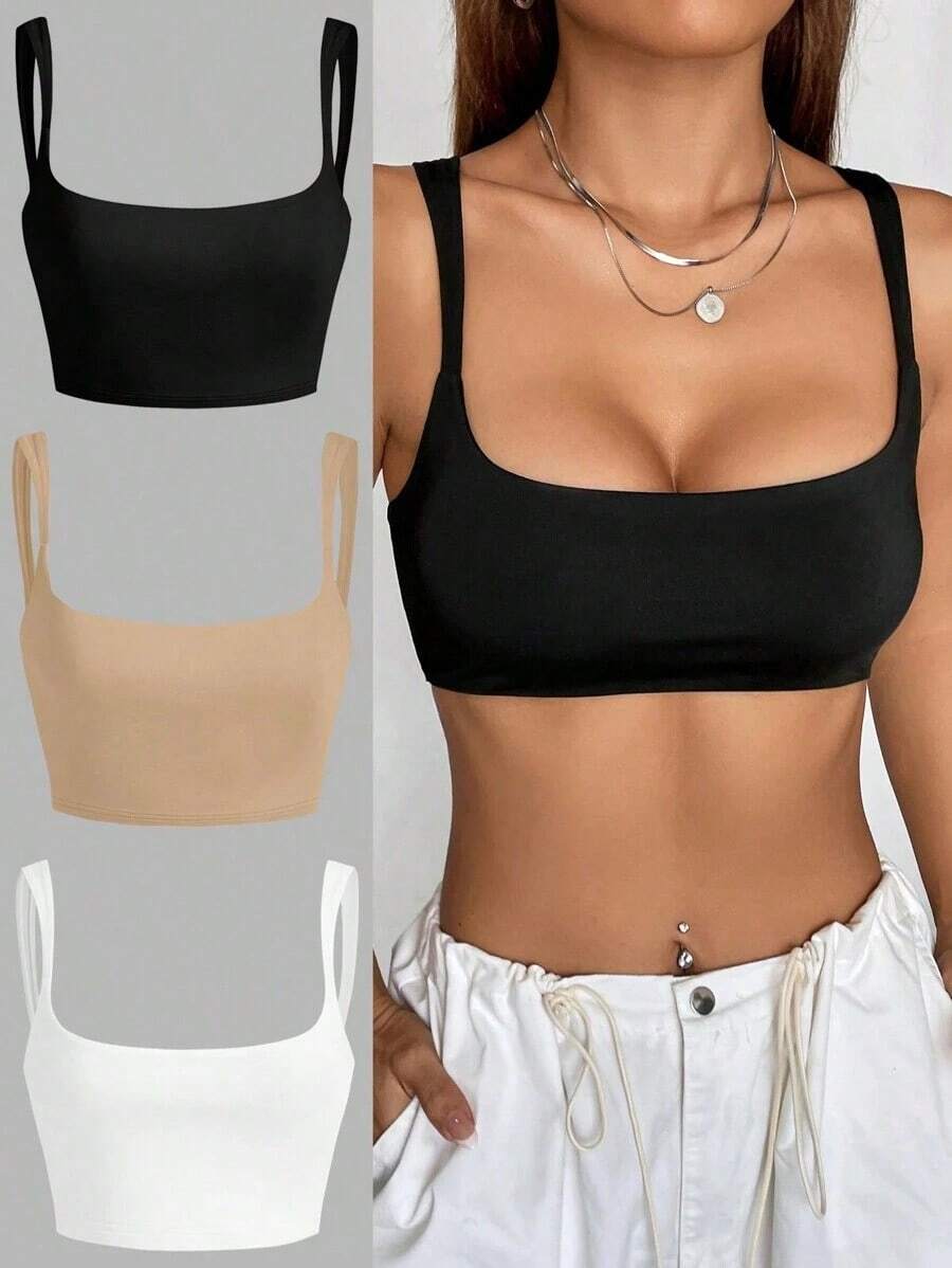 3 piezas Camiseta de tirantes de unicolor y corta para mujeres - Multicolor 8 - Ver 1