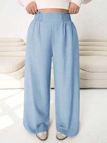 2026 Primavera/Verano Nuevos pantalones casuales para uso diario, fiestas, ir al trabajo, volver al colegio, citas, en casa, fiestas de cumpleaños, para múltiples ocasiones, con cintura elástica holgada, pernera ancha, color beige, talla grande - Azul - Ver 6