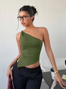 Top elegante de un hombro con un giro en color rojo burdeos delgado para mujer - Verde militar - Ver 12