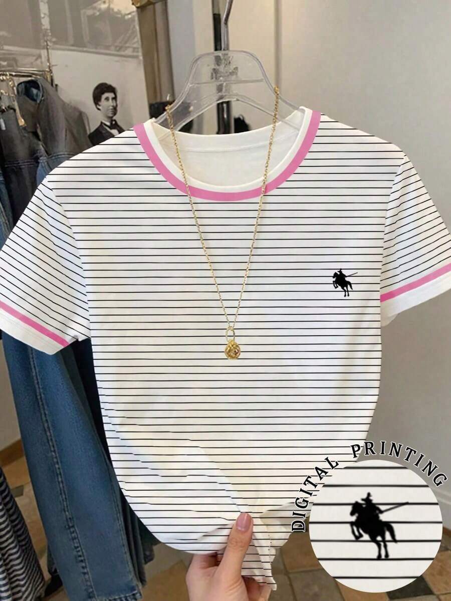 Camiseta de manga corta casual con estampado de rayas para mujer - Multicolor - Ver 1