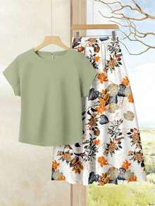 2 piezas Conjunto de top casual de unicolor + falda con estampado geométrico blanco y negro para vacaciones de mujer, Conjunto de ropa de verano para mujer, Conjunto de falda y top de verano, Conjunto de falda y top de mujer, Conjunto de falda - Multicolor 2 - Ver 1