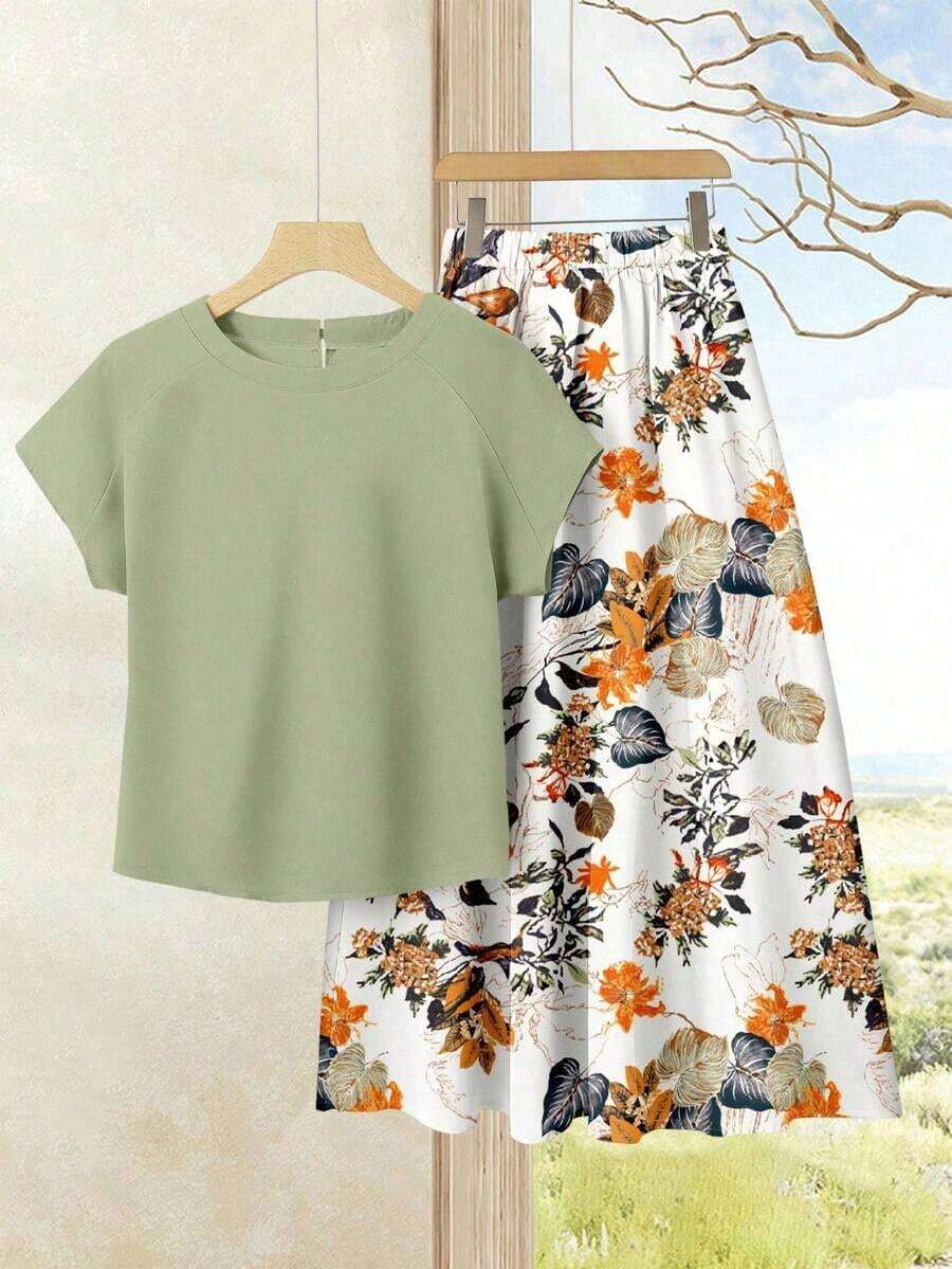 2 piezas Conjunto de top casual de unicolor + falda con estampado geométrico blanco y negro para vacaciones de mujer, Conjunto de ropa de verano para mujer, Conjunto de falda y top de verano, Conjunto de falda y top de mujer, Conjunto de falda - Multicolor 2 - Ver 1