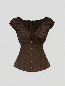Camisa de mujer de manga corta con botones de madera, volantes y rayas verticales texturizadas en estilo retro francés, adecuada para primavera/verano, casual y citas - Marrón - Ver 1