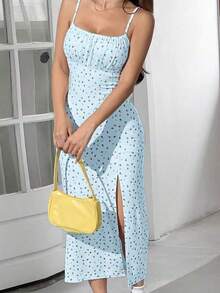 Vestido ajustado de longitud media sin mangas con abertura lateral con estampado floral moteado rojo y azul, para primavera/verano - Azul - Ver 1