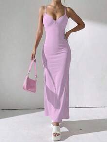 Vestido de encaje ajustado, elegante y romántico para cita nocturna, Día de San Valentín, con tirantes finos y largo, color rosa, para fiesta de verano - Púrpura malva - Ver 2