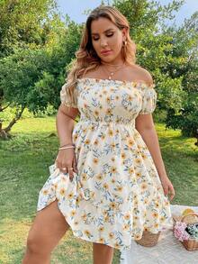 Vestido con estampado floral, hombros descubiertos, volantes fruncidos y bajo con volante para vacaciones y playa para mujer talla grande - Amarillo - Ver 9