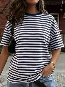 Camiseta casual de mujer  de cuello redondo holgado, camiseta de manga corta de ajuste ceñido con parches a rayas minimalista, adecuada para primavera/verano, ideal para el Día de San Valentín - Azul marino 2 - Ver 6
