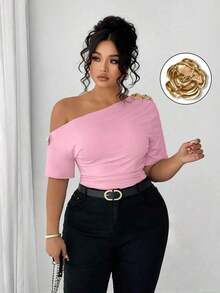 Blusa de talla grande para mujer elegante, personalizada, de moda, versátil, con un solo hombro, adecuada para uso diario - Rosa - Ver 8