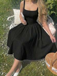 MOD Elegant Solid-Color Midi Dress With Pleats At The Waist For Parties - 黑色 - 查看 4