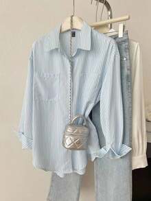 Blusa de mujer de manga larga con hombros caídos y rayas, Blusas de manga larga - Azul 2 - Ver 6
