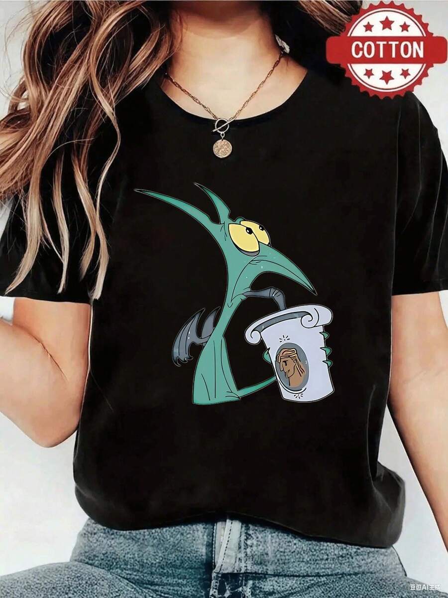 Women's Short-Sleeved T-Shirt With Cartoon Bat Print, Comfortable Casual T-Shirt Made Of Suitable Fabric For All Seasons, Machine Washable, Ideal For Halloween Gifts, Casual And Comfortable Mexican Retro Shirt With Round Neck. - 黑色 - 查看 1
