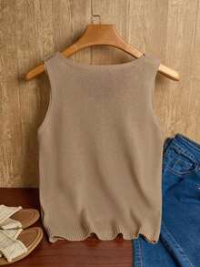 Ropa de punto casual de mujer de cuello en V sin mangas - Caqui - Ver 2