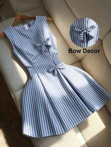 Vestido de línea A con cintura ceñida, decorado con lazo, a rayas azul y blanco, adecuado para la escuela, picnic de fin de semana, salida casual con amigos, de estilo fresco y dulce - Azul y blanco 3 - Ver 8
