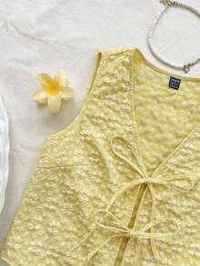 superior informal con escote en V y lazo delantero para mujer, de tela texturizada amarilla, para otoño/invierno - Amarillo - Ver 3
