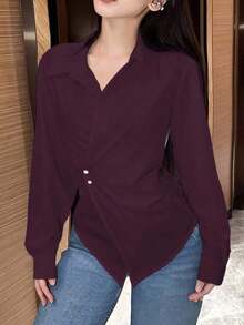 Blusa larga de manga larga con nudo de mujer, color liso, camisa de mujer para primavera y otoño, blusas de manga larga - Rojo violeta - Ver 5