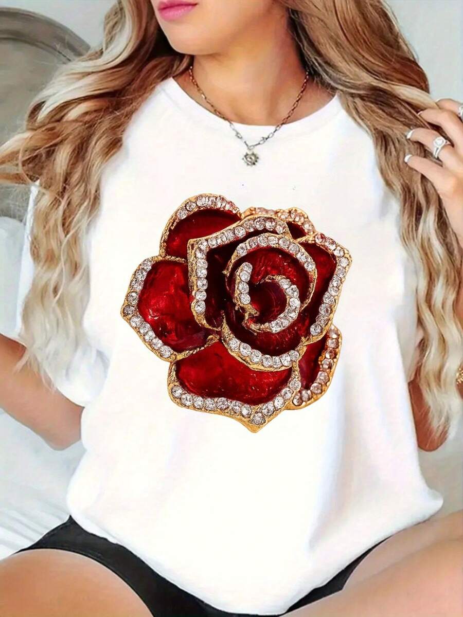 Unisex Women's T-Shirt With Red Rose Print - Short Sleeve Crew Neck T-Shirt 100% Cotton | Soft And Breathable Fabric | Bright Designs Are Suitable For Casual Everyday Wear And Party Occasions. | Machine Washable - 白色 - 查看 1
