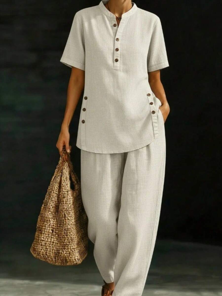 Two-Piece Linen Set With Comfortable And Casual Button-Down Shirt And Wide-Leg Trousers - Apricot - View 1