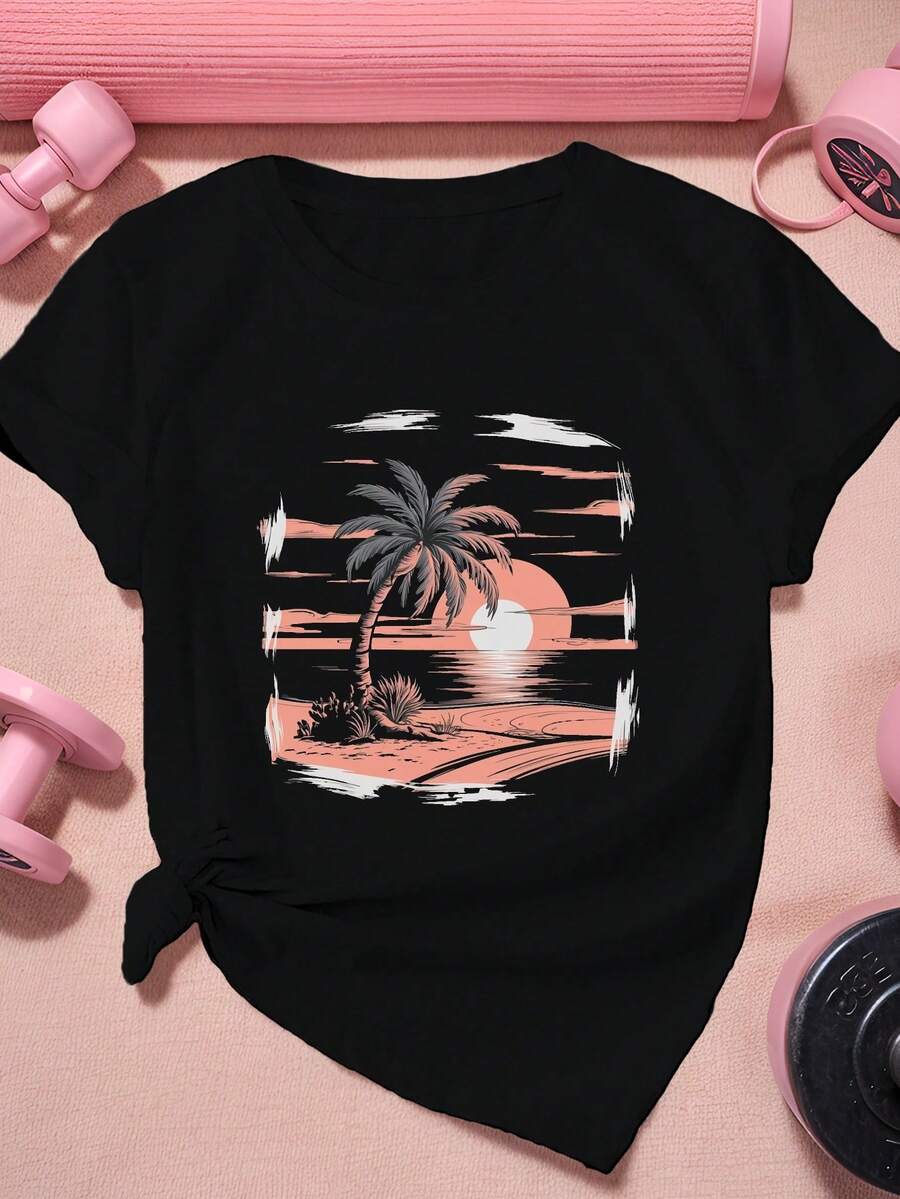 1 pieza de camiseta deportiva de manga corta para mujer, talla grande, con diseño de playa tropical, 180g, 100% algodón. - Negro - Ver 1