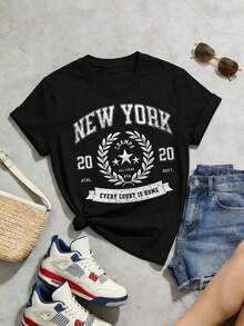 Camiseta de manga corta con cuello redondo suave y casual para mujer, estilo retro americano con fuente preppy, diseño gráfico deportivo, temática de baloncesto, para millenials, generación de los 90. Negro. - Negro - Ver 3
