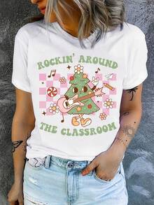 1 Christmas Print Teacher T-Shirt, A Teacher's T-Shirt, Rock And Roll Teacher T-Shirt For The Classroom, 180g 100% Cotton. - 白色 - 查看 12