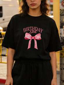 Women's Summer Clothing, Soft And Casual Cotton T-Shirt With Round Neck, Large Pink Bow Print And The Words "BIRTHDAY Girl". White Color. - 黑色 - 查看 2