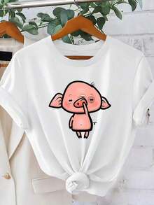 Women's T-Shirt With Funny Pig Scratching His Nose Print | Fun Cartoon Style, Crew Neck, Short Sleeve | Casual And Adorable Eye-Catching Top | Spring/Summer 2026 Resort Style Clothing | Stylish Retro Women's Clothing For Parties And Everyday Wear - Unisex Loose Cotton Short Sleeve Crew Neck T-Shirt, Vintage Urban Style - 白色 - 查看 6