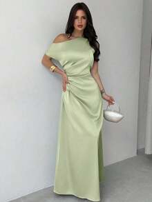 Vestido elegante asimétrico de hombro con pliegues y bajo de cola de sirena en color verde, adecuado para citas, vacaciones, bodas, eventos, regreso a la escuela, graduación, vestido de dama de honor formal, vestidos elegantes para mujer - Verde 2 - Ver 3