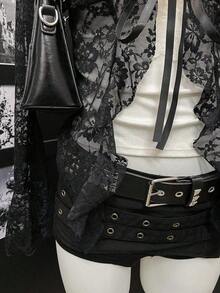 Blusa de mujer con cuello en V de encaje y ribete de encaje en contraste - Negro 2 - Ver 7
