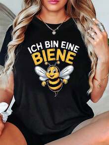 T-Shirt With "ICH BIN EINE BIENE" Letter Print, Short Sleeves And Round Neck, Casual Top For Summer And Spring, Women's Clothing - 黑色 - 查看 1