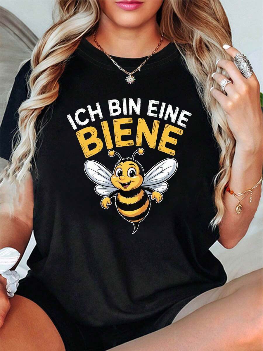 T-Shirt With "ICH BIN EINE BIENE" Letter Print, Short Sleeves And Round Neck, Casual Top For Summer And Spring, Women's Clothing - 黑色 - 查看 1