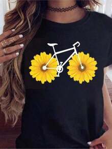 CasualChristmas COOL SUMMER Women's Funny T-Shirt With Floral Bicycle Print, Harajuku Style, Casual Round Neck Short Sleeve T-Shirts, Dropshipping, Must-Have - 黑色 - 查看 1