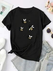 Bee Print T-Shirt - Soft, Breathable, Comfortable, Polyester Blend, Short Sleeve, Summer Casual Sportswear, Easy Care, Quick Drying, Suitable For Outdoor Activities And Casual Wear, Casual Style, ALL/Everyone/Everyone. - 黑色 - 查看 3