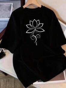 Women's Summer LooseTop, Casual Short Sleeve T-Shirt With Magnolia Flower Print Design, Everyday Casual Wear, Lightweight And Breathable Fabric, Casual Top For Women | RADCBasic Women's Basic Tops Women's Cotton Crew Neck T-Shirt - 黑色 - 查看 12
