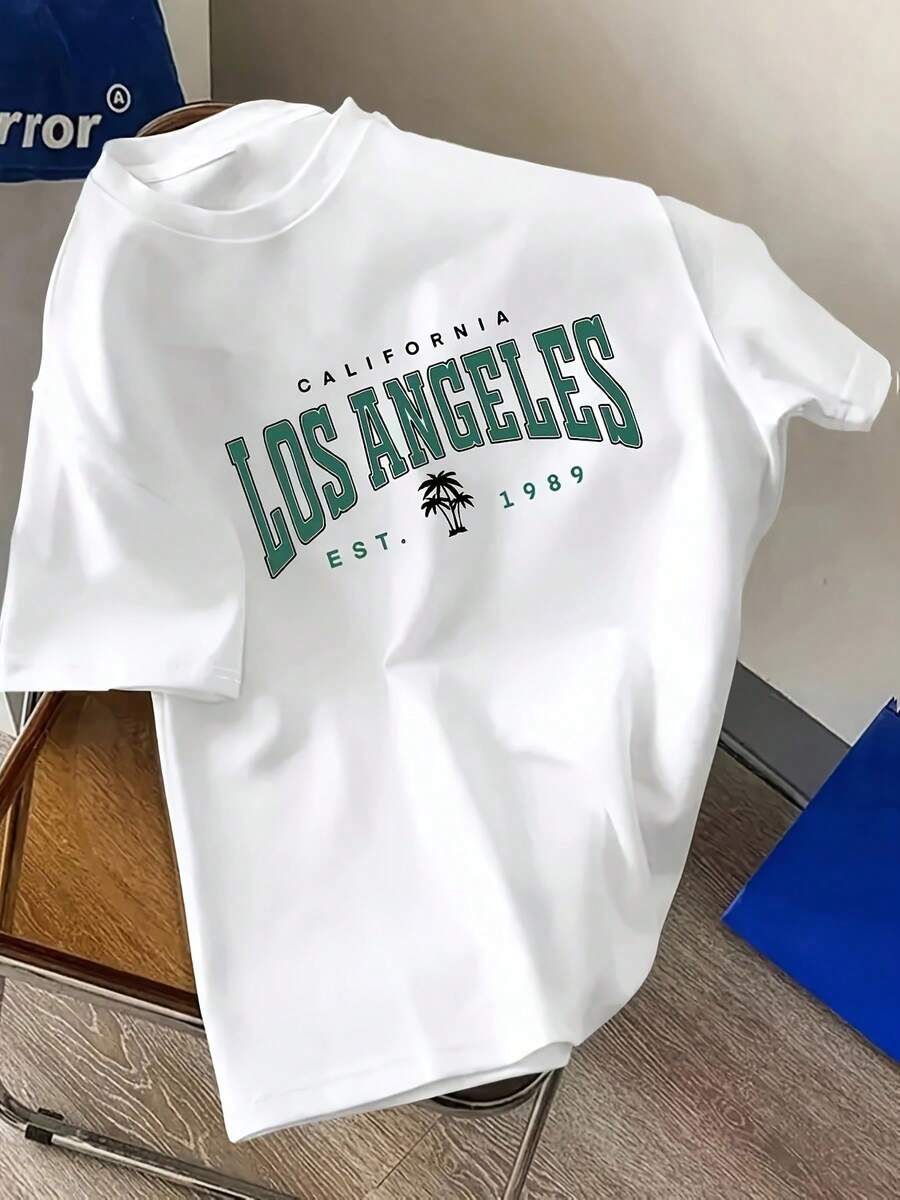 Camiseta blanca de moda para hombre con estampado de letras de Los Ángeles, casual, versátil, cómoda y ligera, ideal para deportes diarios y vacaciones, conjunto de moda - Blanco - Ver 1