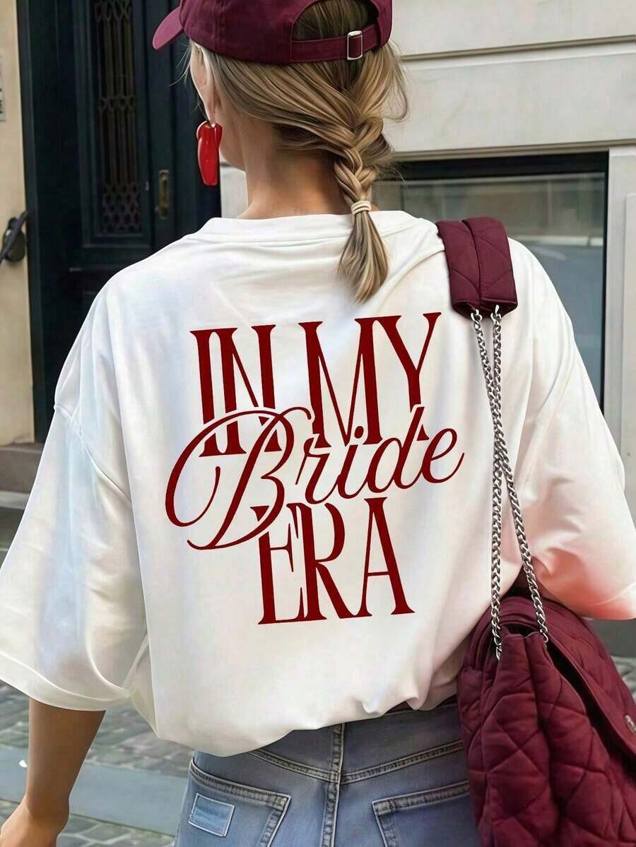 Women's Short-Sleeved T-Shirt With Retro "My Bride Era" Print, Loose-Fitting T-Shirt With Aesthetic Design For Bachelorette Parties, Casual Round Neck Top Suitable For Weddings, Bridal Parties, Summer Vacation, Streetwear, Bridal Gift, White Color. - 白色 2 - 查看 1